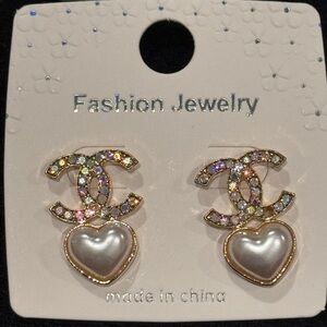 Fashion Jewelry Gold Iridescent Heart Earrings with Crystal Accents 1 inch